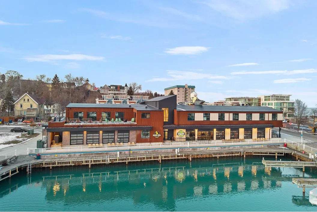 Inventors Brew Pub from aerial drone Port Washington harbor view